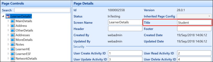 Learner Details - Page Details screen